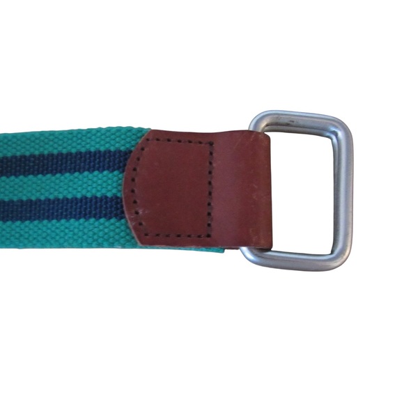 Nordstrom 1901 Mens Navy Blue Green Striped Ribbon Belt Size Large Double D Ring - Picture 4 of 8